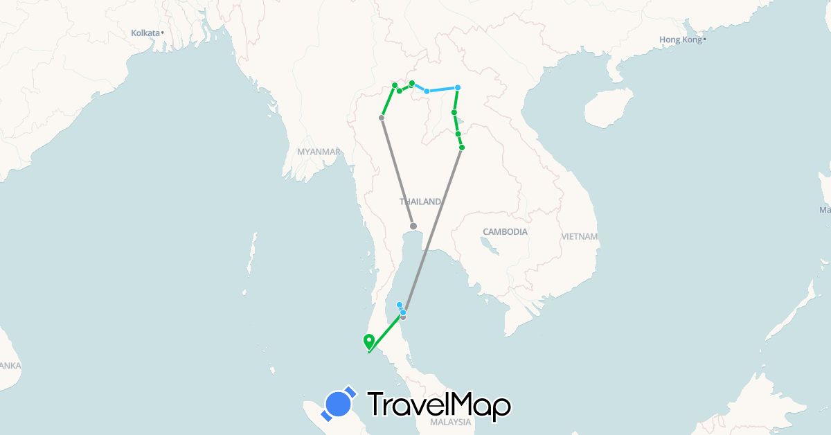 TravelMap itinerary: driving, bus, plane, boat in Laos, Thailand (Asia)